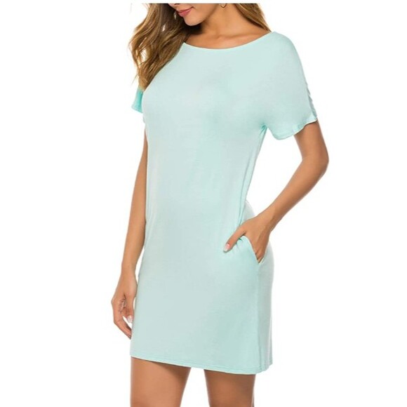 Mint Blue Dress With Pockets Criss Cross Short Sleeve Beach Tunic T Shirt Dress - Picture 4 of 12